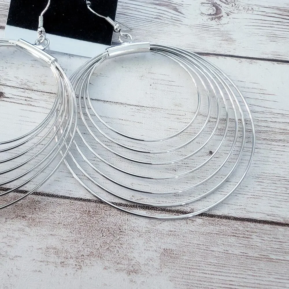 Extra Large Silver Tone Multi Circle Dangle Earrings for Pierced Ears
